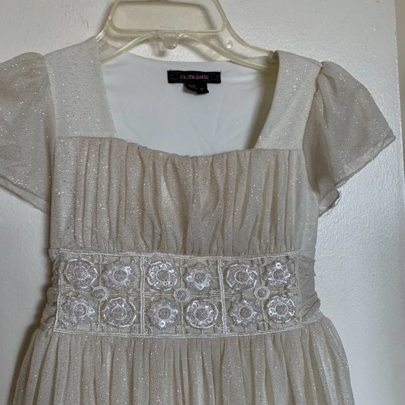MY MICHELLE GIRLS BEADED IVORY Gold Sparkles DRESS WITH UNDERSKIRT SIZE 8 - Picture 3 of 11